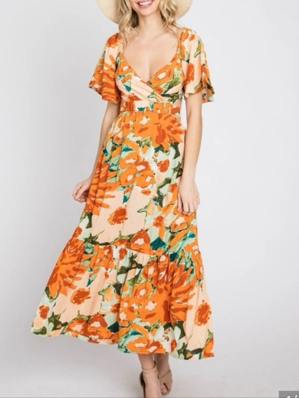 Lush Floral Open Back Maxi Dress | Flutter Sleeve | Size L
